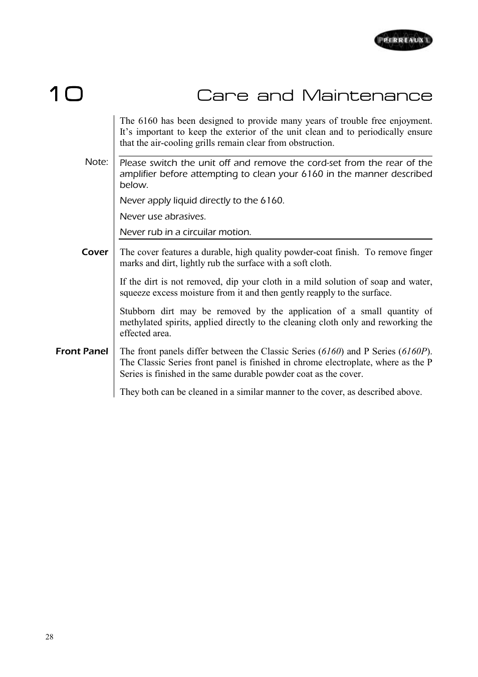 Care and maintenance | Perreaux 6160/P User Manual | Page 29 / 42