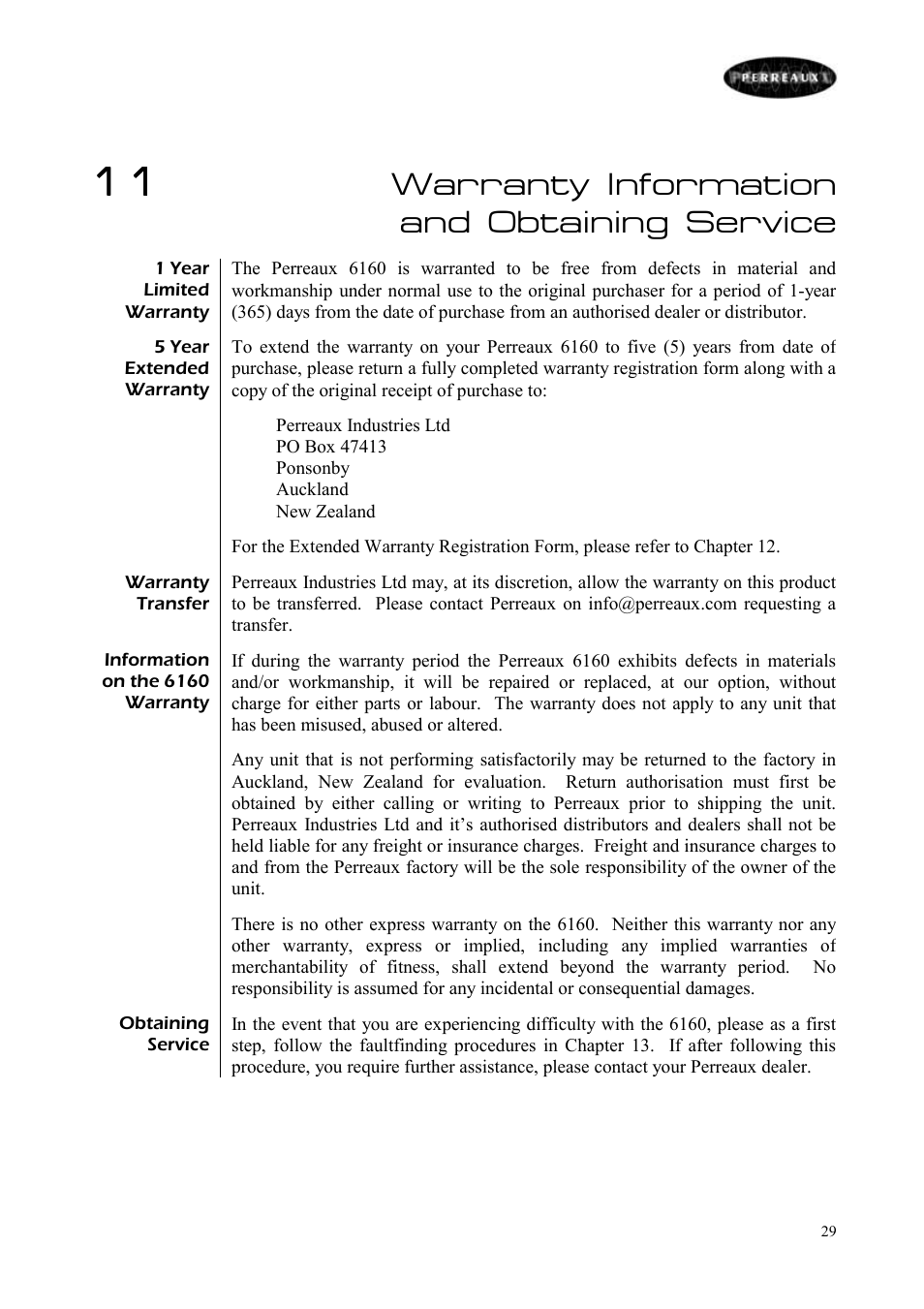 Warranty information and obtaining service | Perreaux 6160/P User Manual | Page 30 / 42