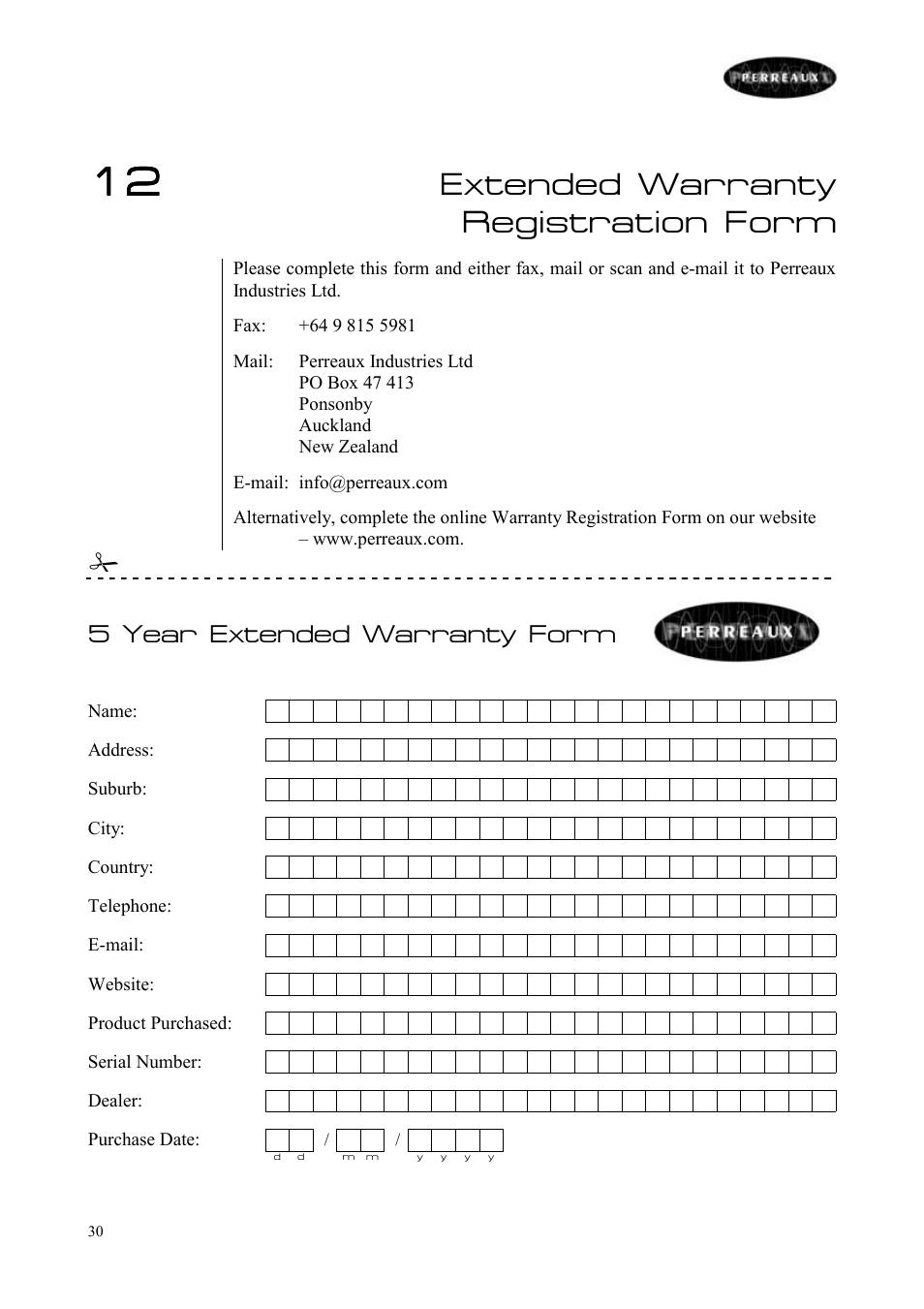 Extended warranty registration form, 5 year extended warranty form | Perreaux 6160/P User Manual | Page 31 / 42