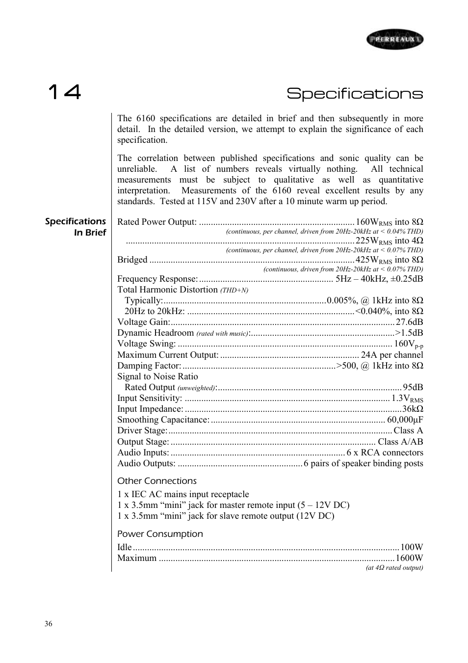 Specifications | Perreaux 6160/P User Manual | Page 37 / 42