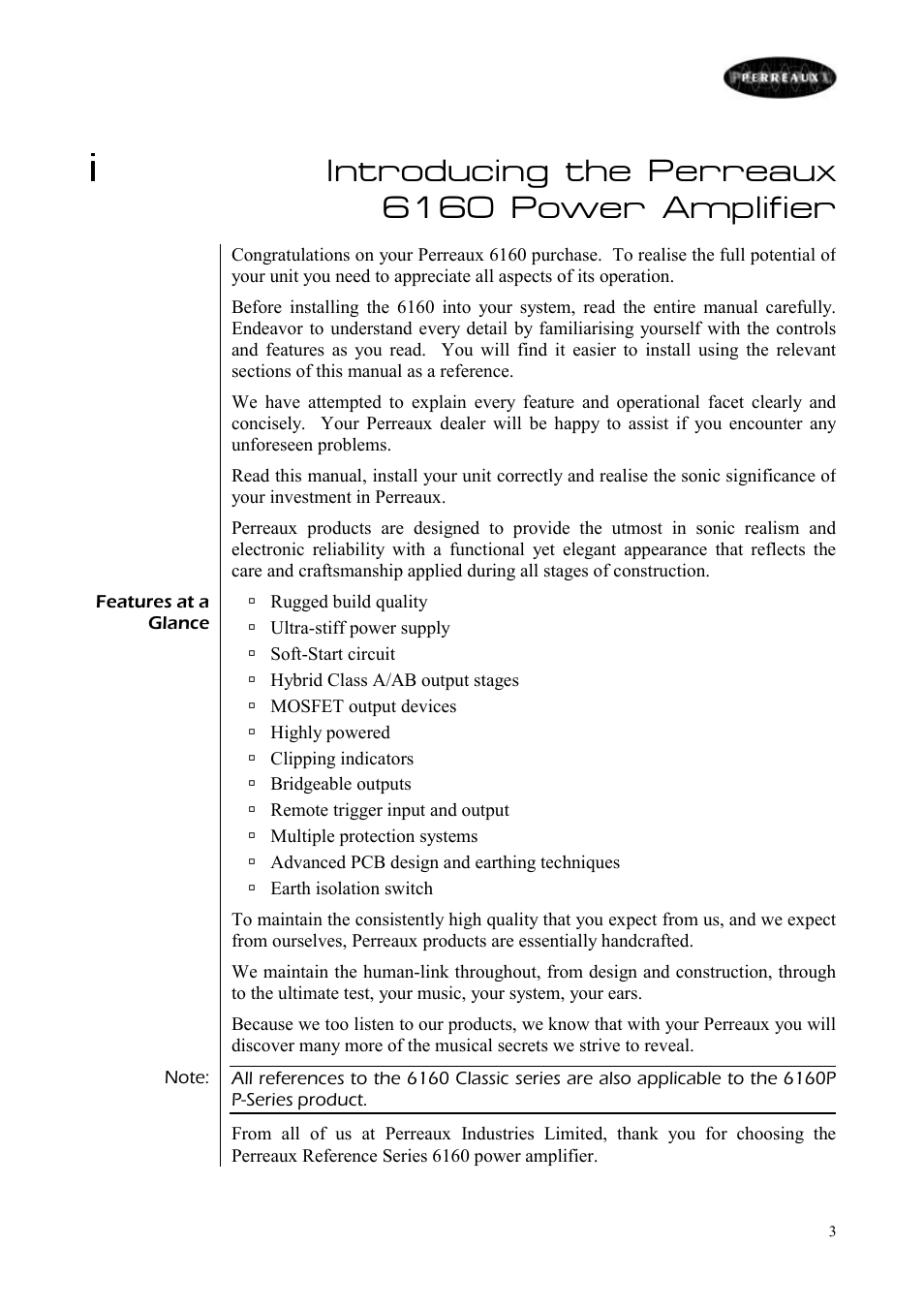 Introducing the perreaux 6160 power amplifier | Perreaux 6160/P User Manual | Page 4 / 42