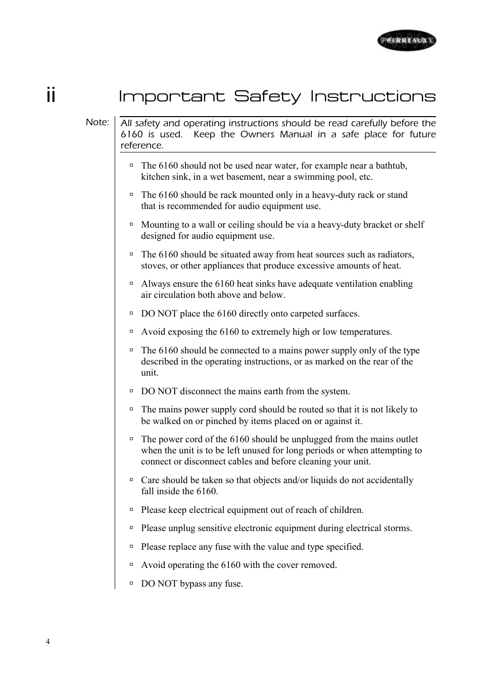 Important safety instructions | Perreaux 6160/P User Manual | Page 5 / 42