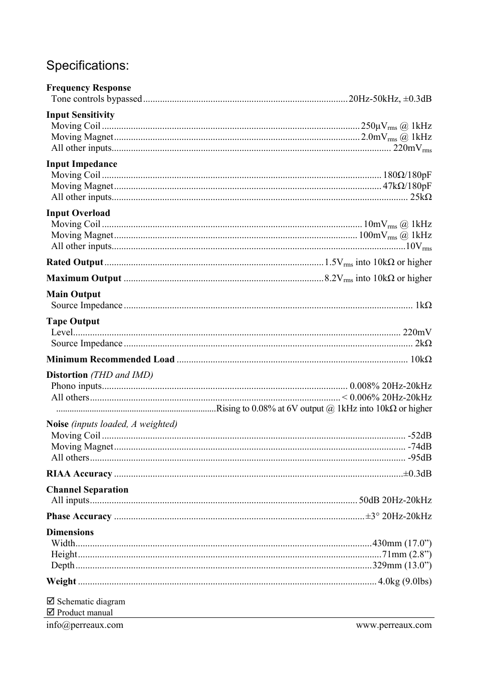 Specifications | Perreaux EP User Manual | Page 2 / 2