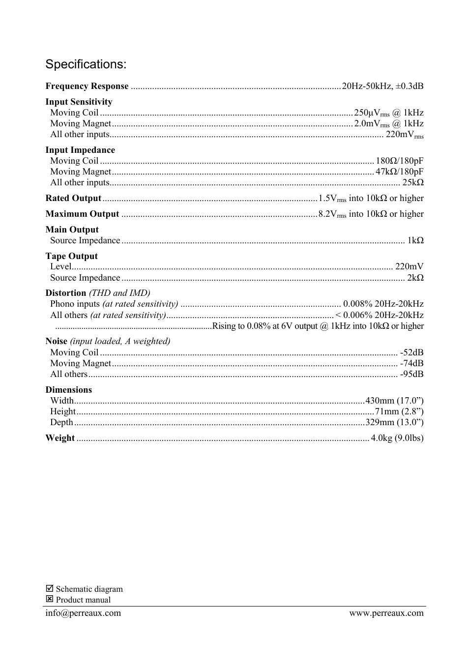 Specifications | Perreaux EP2 User Manual | Page 2 / 2