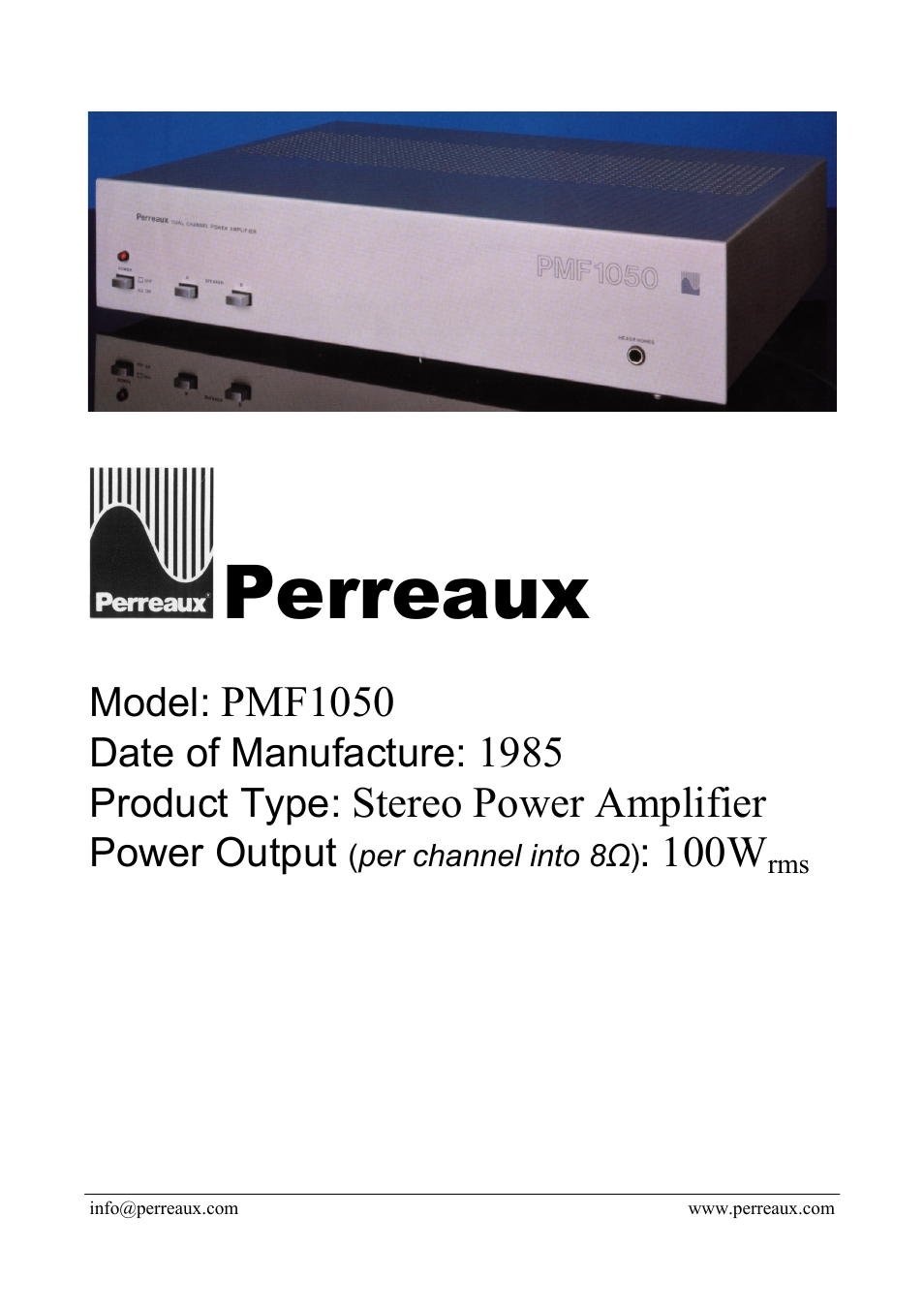 Perreaux PMF1050 User Manual | 2 pages