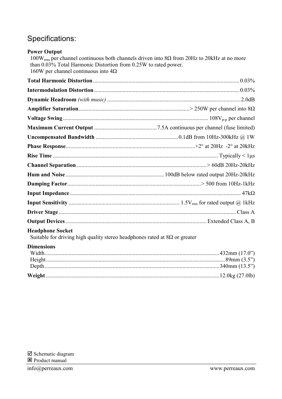 Specifications | Perreaux PMF1050 User Manual | Page 2 / 2