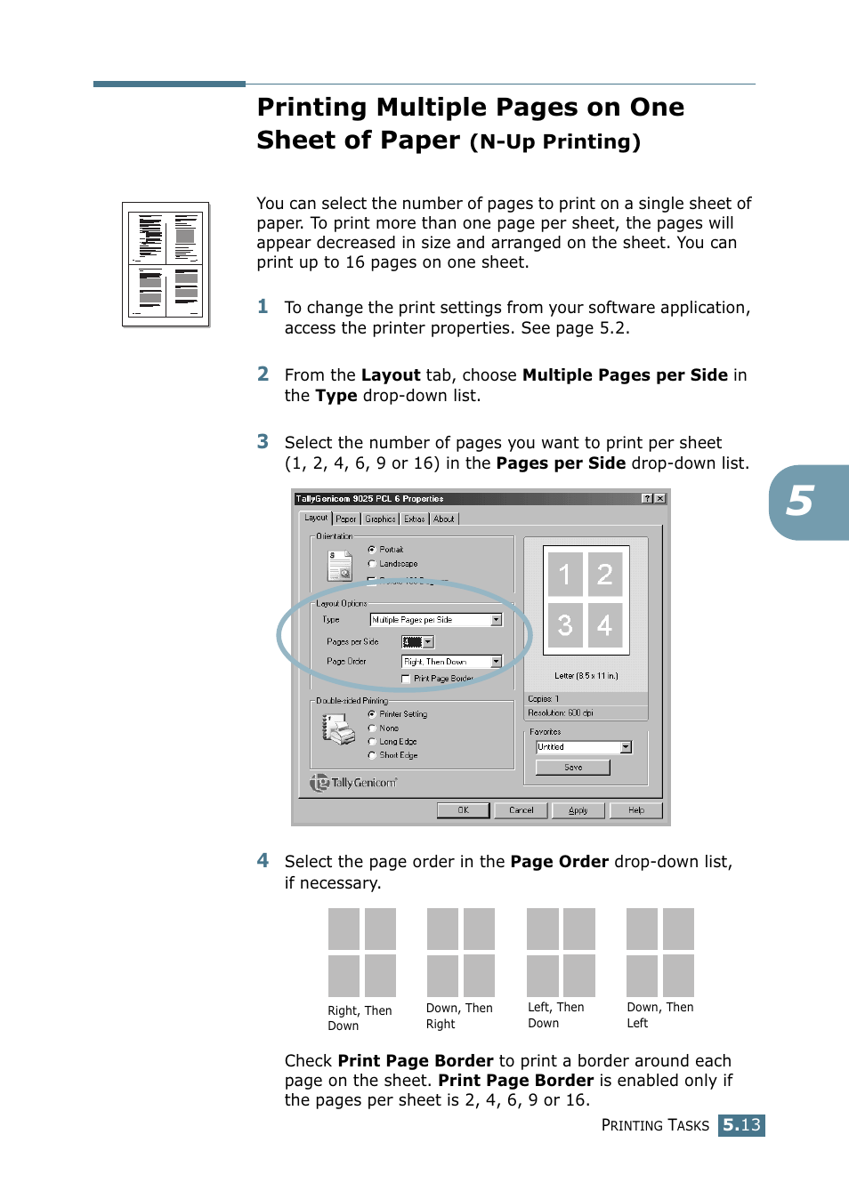 N-up printing), Printing multiple pages on one sheet of paper | Tally Genicom Tally Mono Laser 9025N User Manual | Page 100 / 214