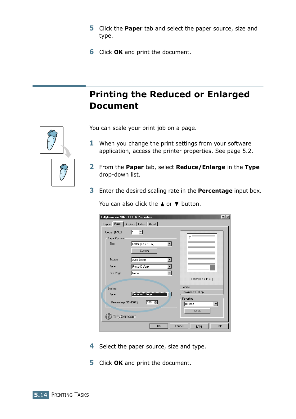 Printing the reduced or enlarged document | Tally Genicom Tally Mono Laser 9025N User Manual | Page 101 / 214