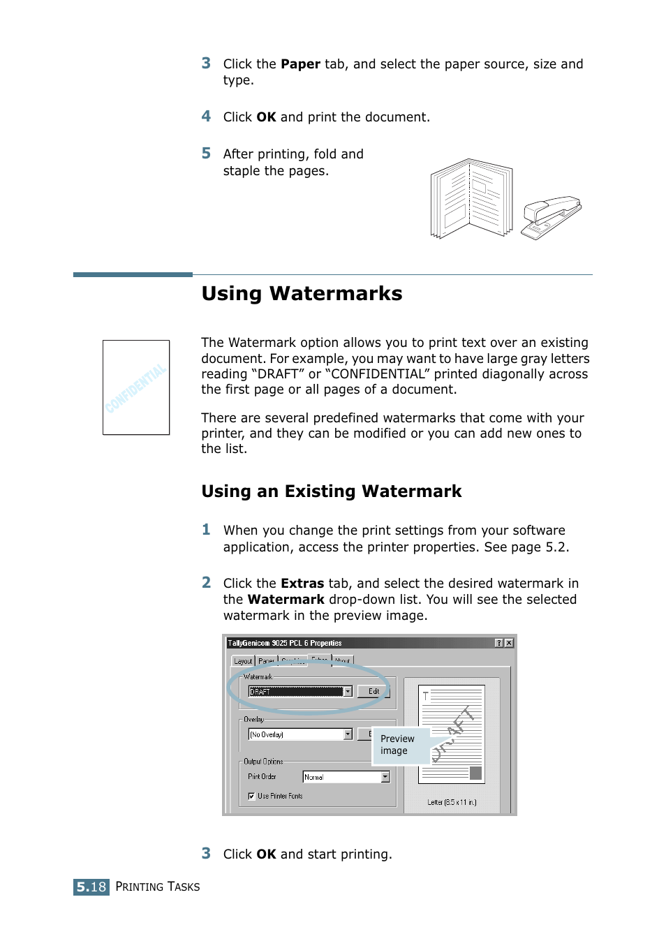 Using watermarks, Using an existing watermark | Tally Genicom Tally Mono Laser 9025N User Manual | Page 105 / 214