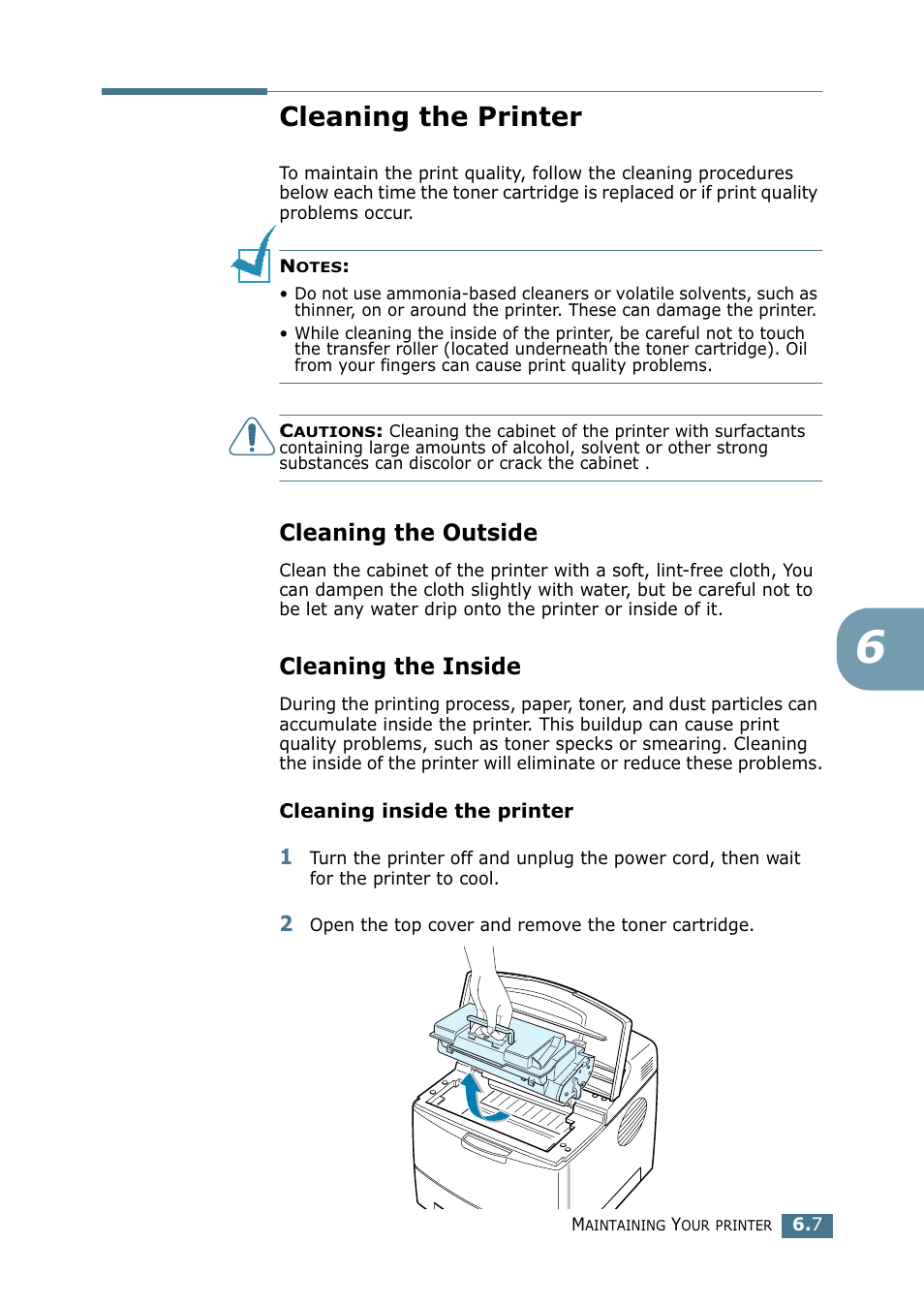 Cleaning the printer, Cleaning the outside, Cleaning the inside | Cleaning the outside cleaning the inside | Tally Genicom Tally Mono Laser 9025N User Manual | Page 122 / 214