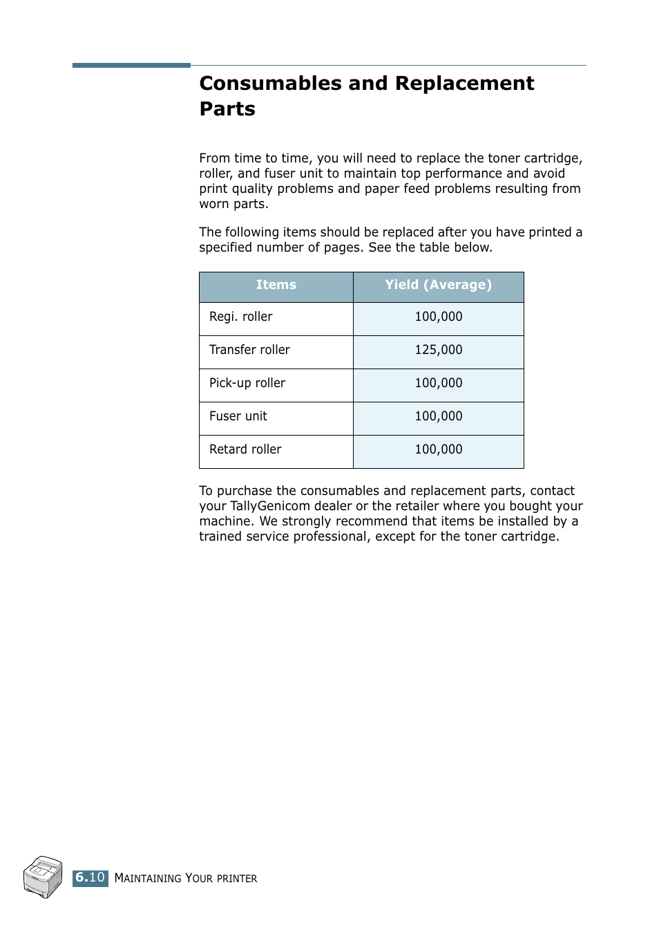 Consumables and replacement parts | Tally Genicom Tally Mono Laser 9025N User Manual | Page 125 / 214