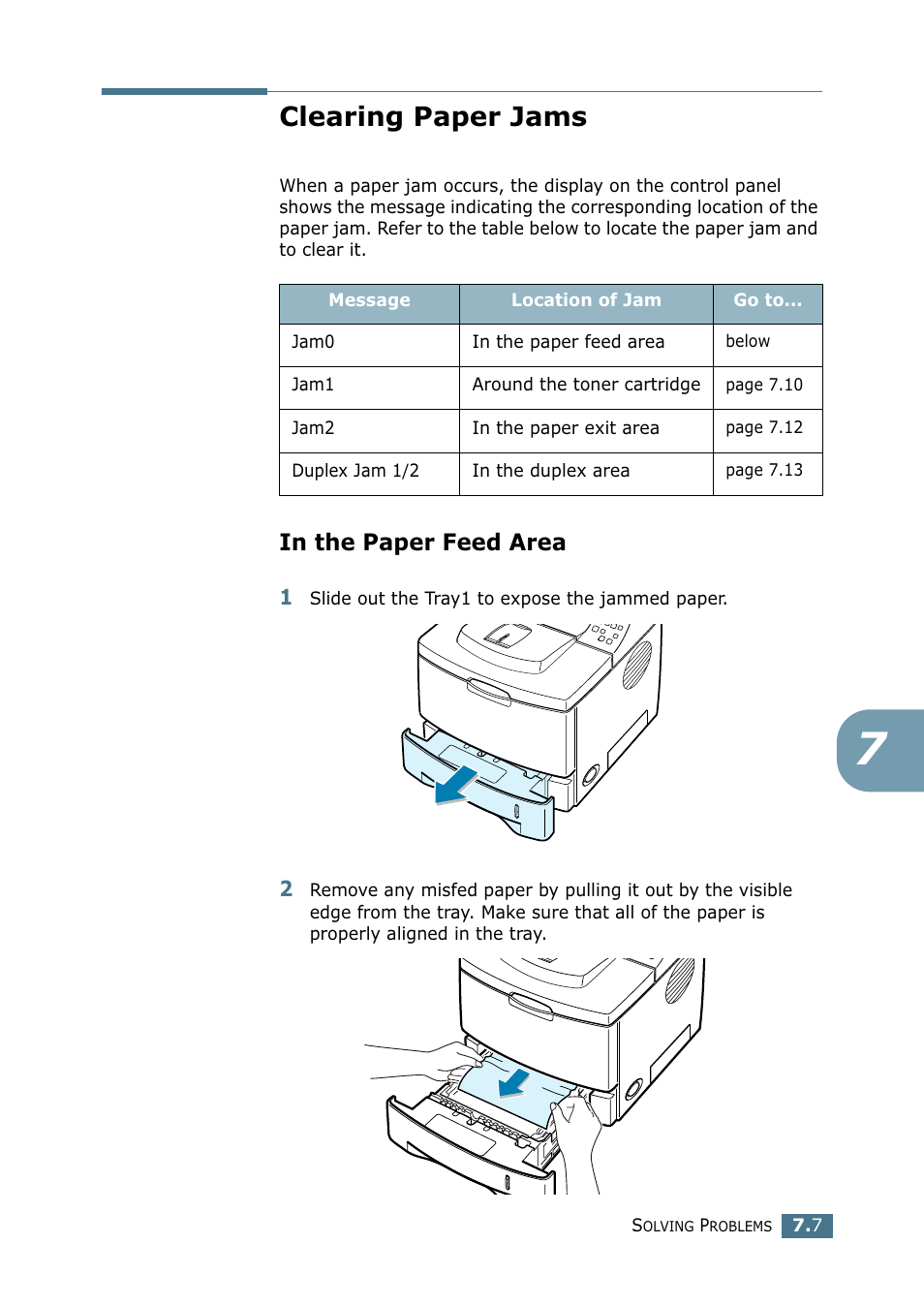 Clearing paper jams, In the paper feed area, Go to “clearing paper | Tally Genicom Tally Mono Laser 9025N User Manual | Page 132 / 214