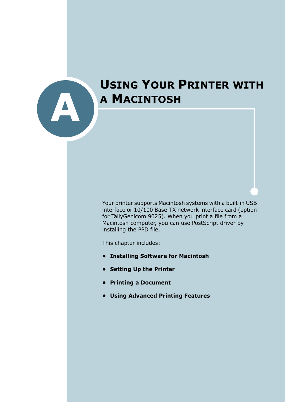 Using your printer with a macintosh, Appendix a, Sing | Rinter, With, Acintosh | Tally Genicom Tally Mono Laser 9025N User Manual | Page 150 / 214