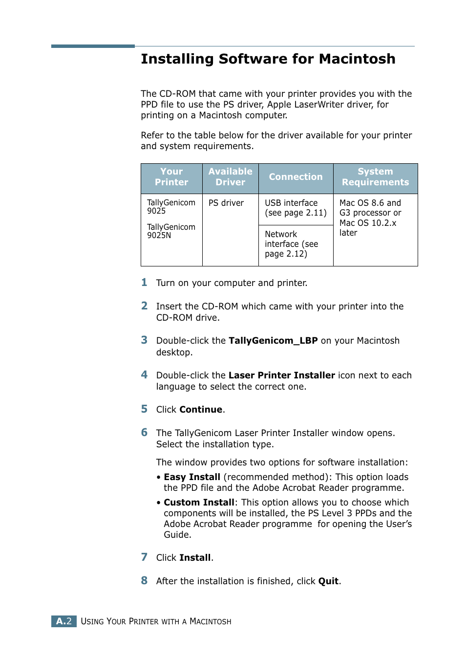 Installing software for macintosh | Tally Genicom Tally Mono Laser 9025N User Manual | Page 151 / 214