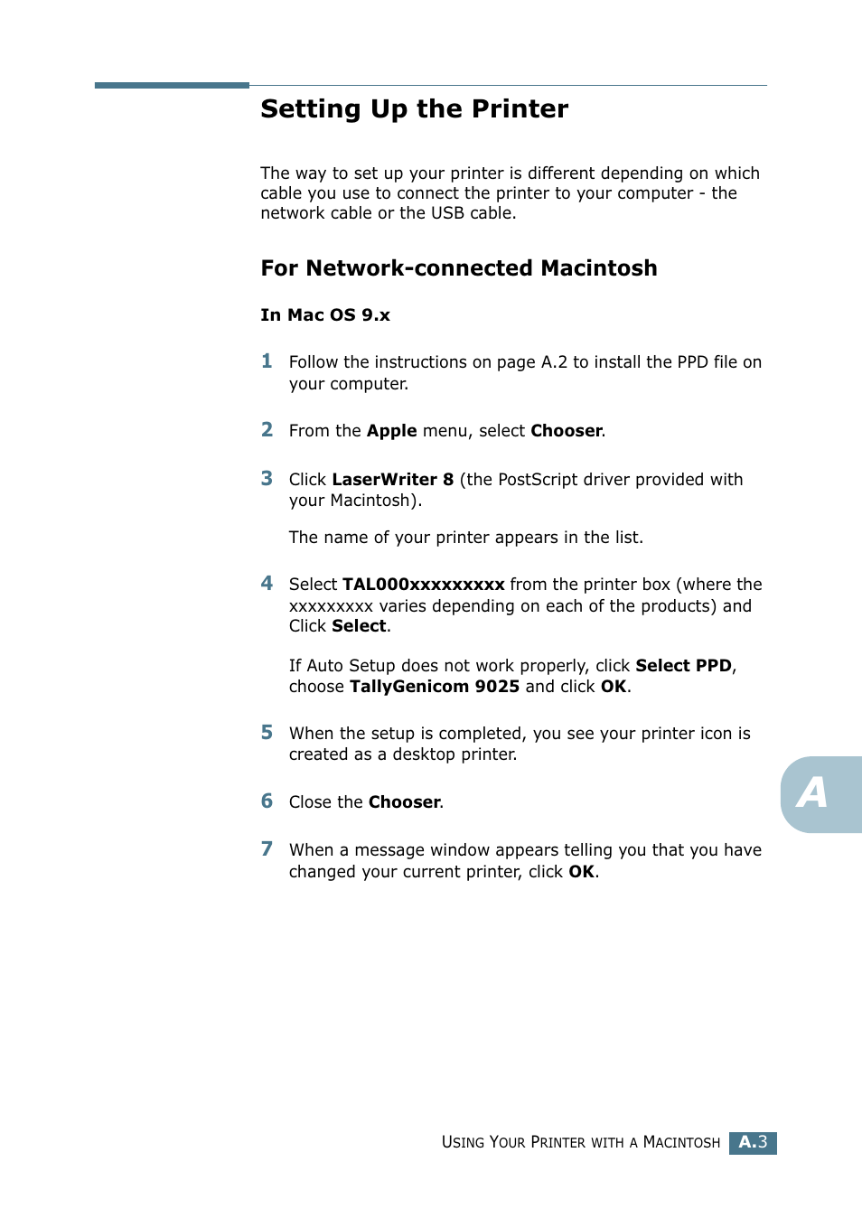 Setting up the printer, For network-connected macintosh | Tally Genicom Tally Mono Laser 9025N User Manual | Page 152 / 214