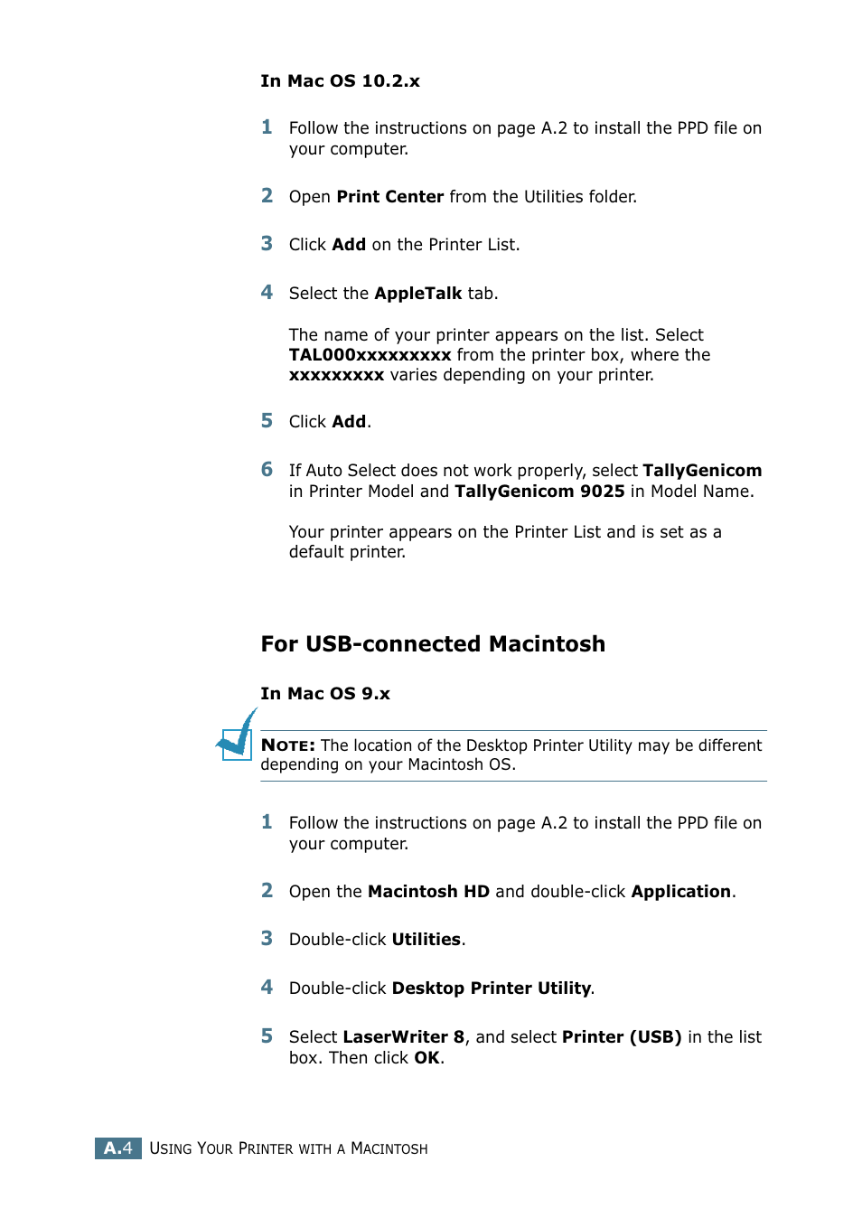 For usb-connected macintosh | Tally Genicom Tally Mono Laser 9025N User Manual | Page 153 / 214