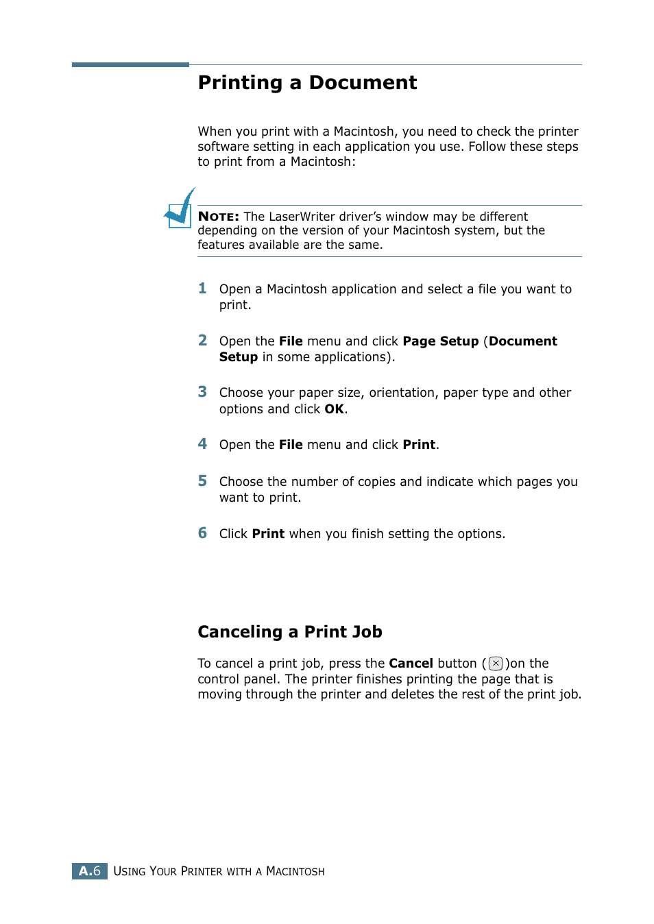 Printing a document, Canceling a print job | Tally Genicom Tally Mono Laser 9025N User Manual | Page 155 / 214