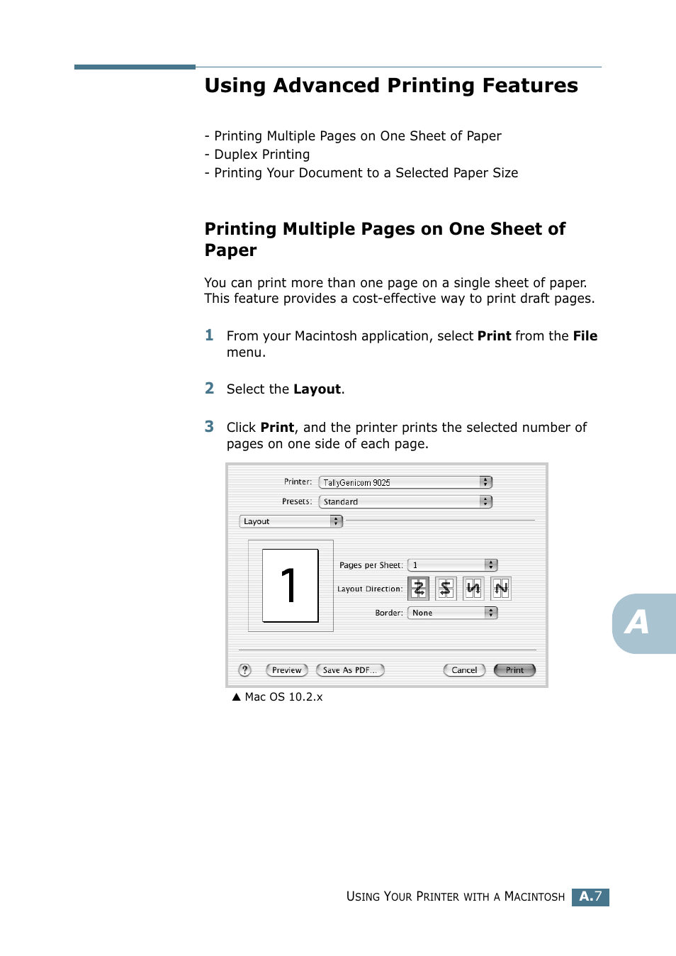 Using advanced printing features, Printing multiple pages on one sheet of paper | Tally Genicom Tally Mono Laser 9025N User Manual | Page 156 / 214