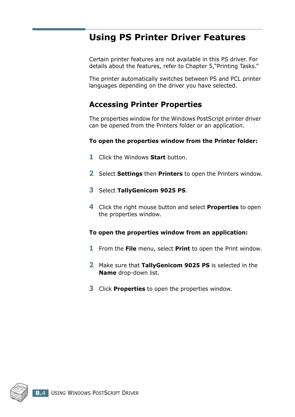 Using ps printer driver features, Accessing printer properties | Tally Genicom Tally Mono Laser 9025N User Manual | Page 163 / 214