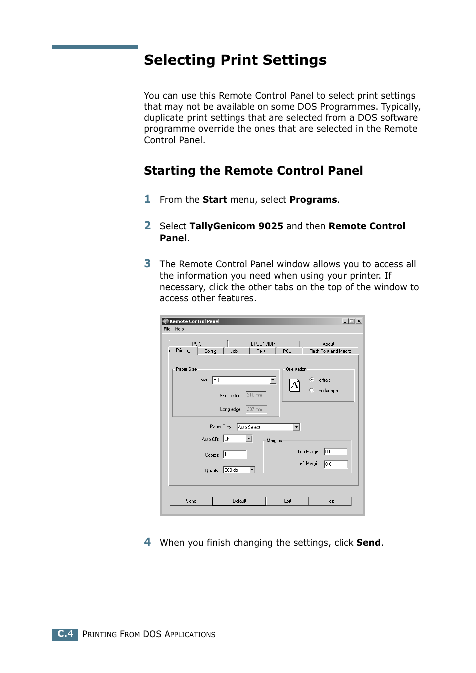 Selecting print settings, Starting the remote control panel | Tally Genicom Tally Mono Laser 9025N User Manual | Page 167 / 214