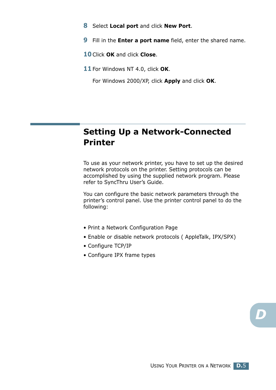 Setting up a network-connected printer | Tally Genicom Tally Mono Laser 9025N User Manual | Page 180 / 214