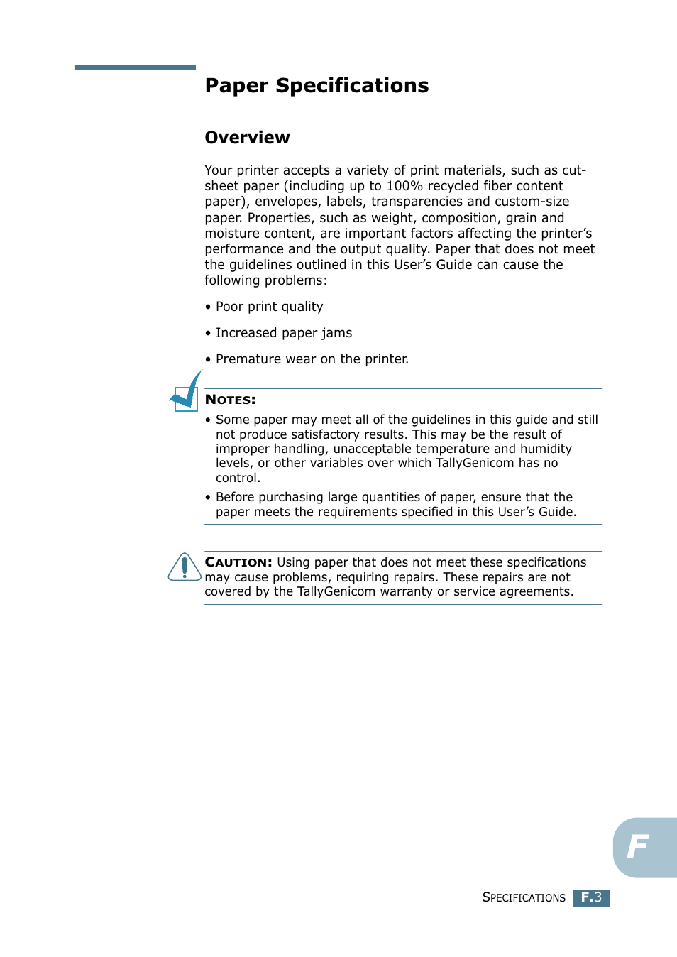 Paper specifications, Overview, Use only recommended print materials. see “paper | See “paper specifications, Y not meet paper specifications. see “paper | Tally Genicom Tally Mono Laser 9025N User Manual | Page 204 / 214