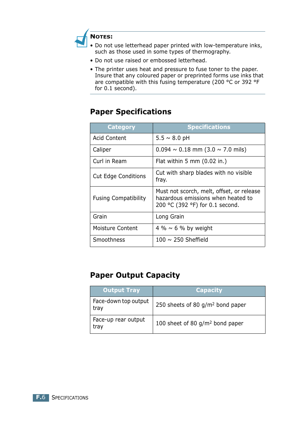 Paper specifications, Paper output capacity, Paper specifications paper output capacity | Tally Genicom Tally Mono Laser 9025N User Manual | Page 207 / 214