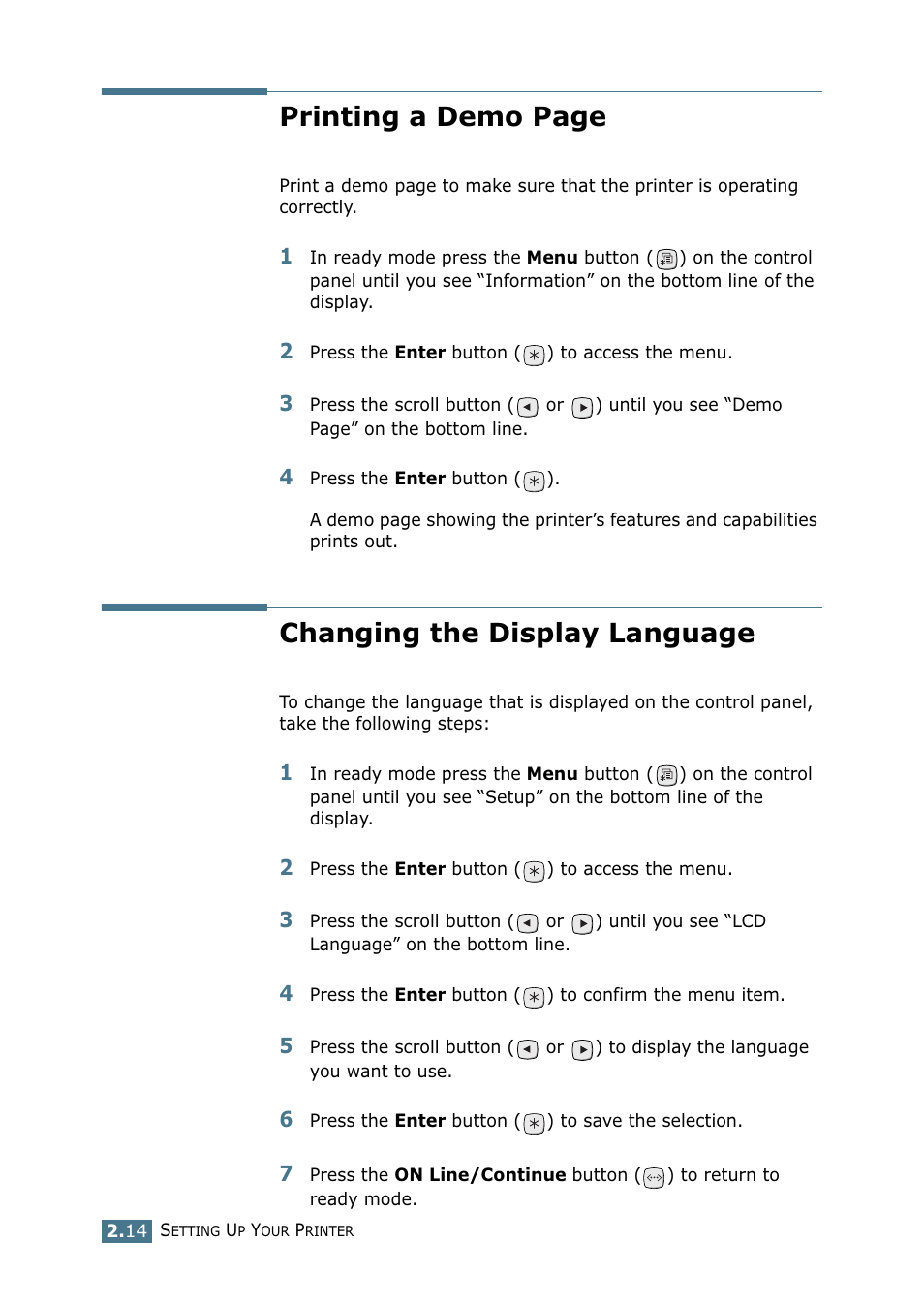 Changing the display language, Printing a demo page | Tally Genicom Tally Mono Laser 9025N User Manual | Page 33 / 214