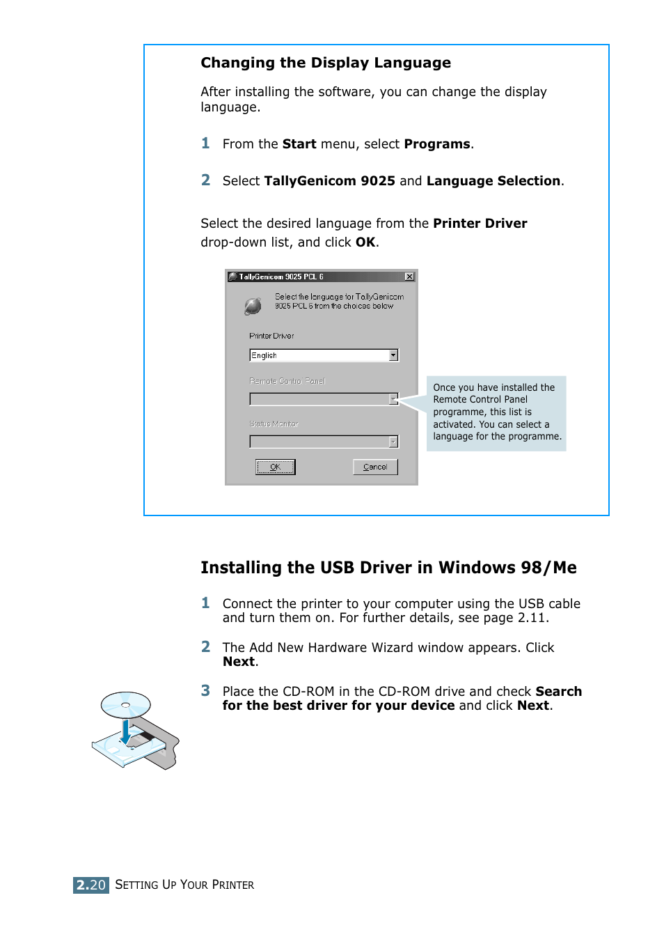Installing the usb driver in windows 98/me | Tally Genicom Tally Mono Laser 9025N User Manual | Page 39 / 214