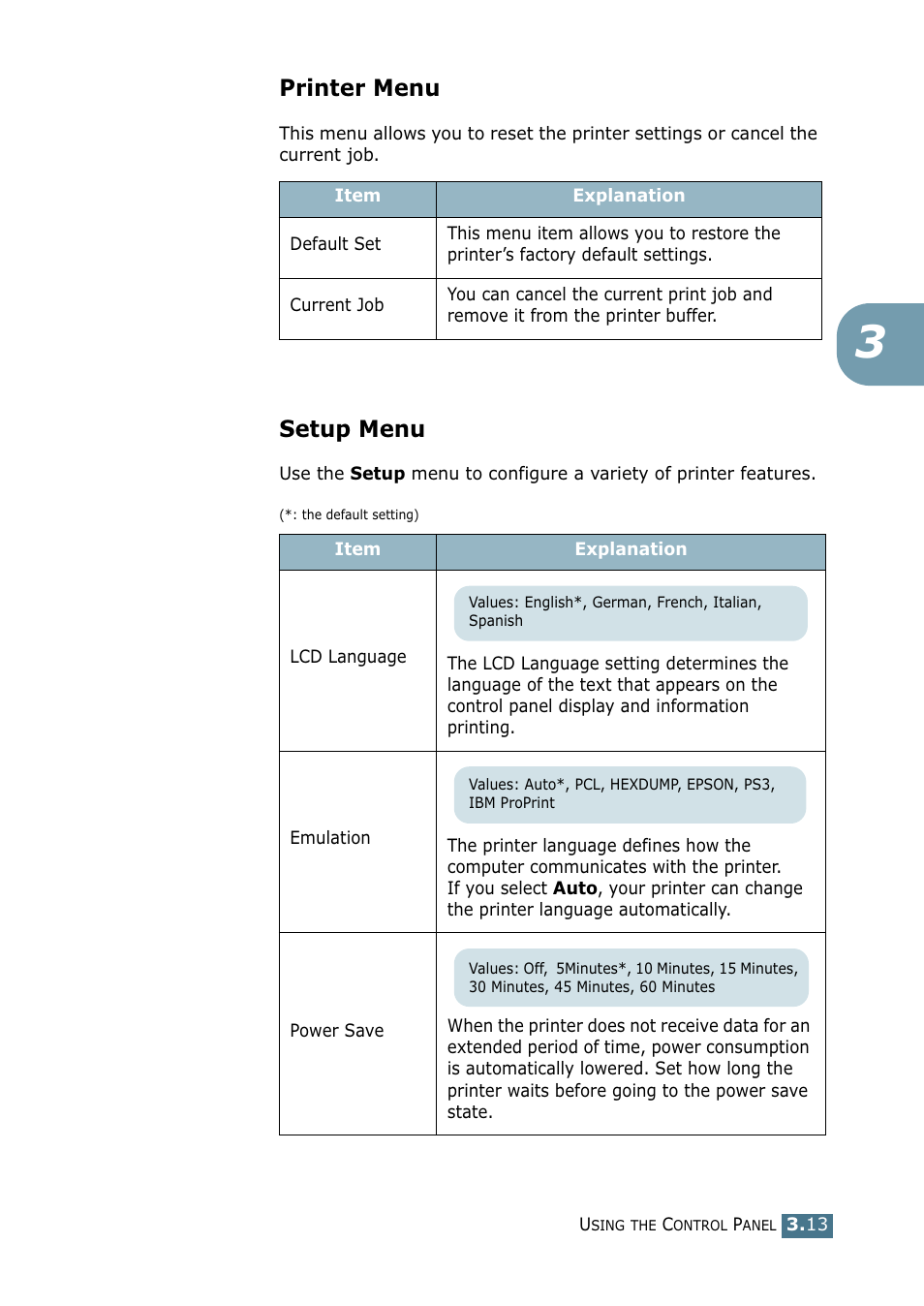 Printer menu, Setup menu, Printer menu setup menu | Tally Genicom Tally Mono Laser 9025N User Manual | Page 54 / 214