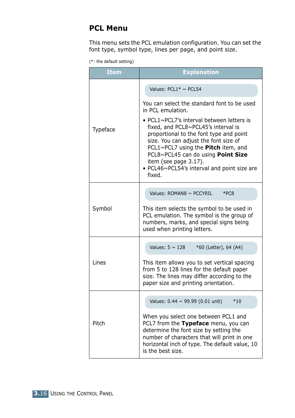 Pcl menu | Tally Genicom Tally Mono Laser 9025N User Manual | Page 57 / 214