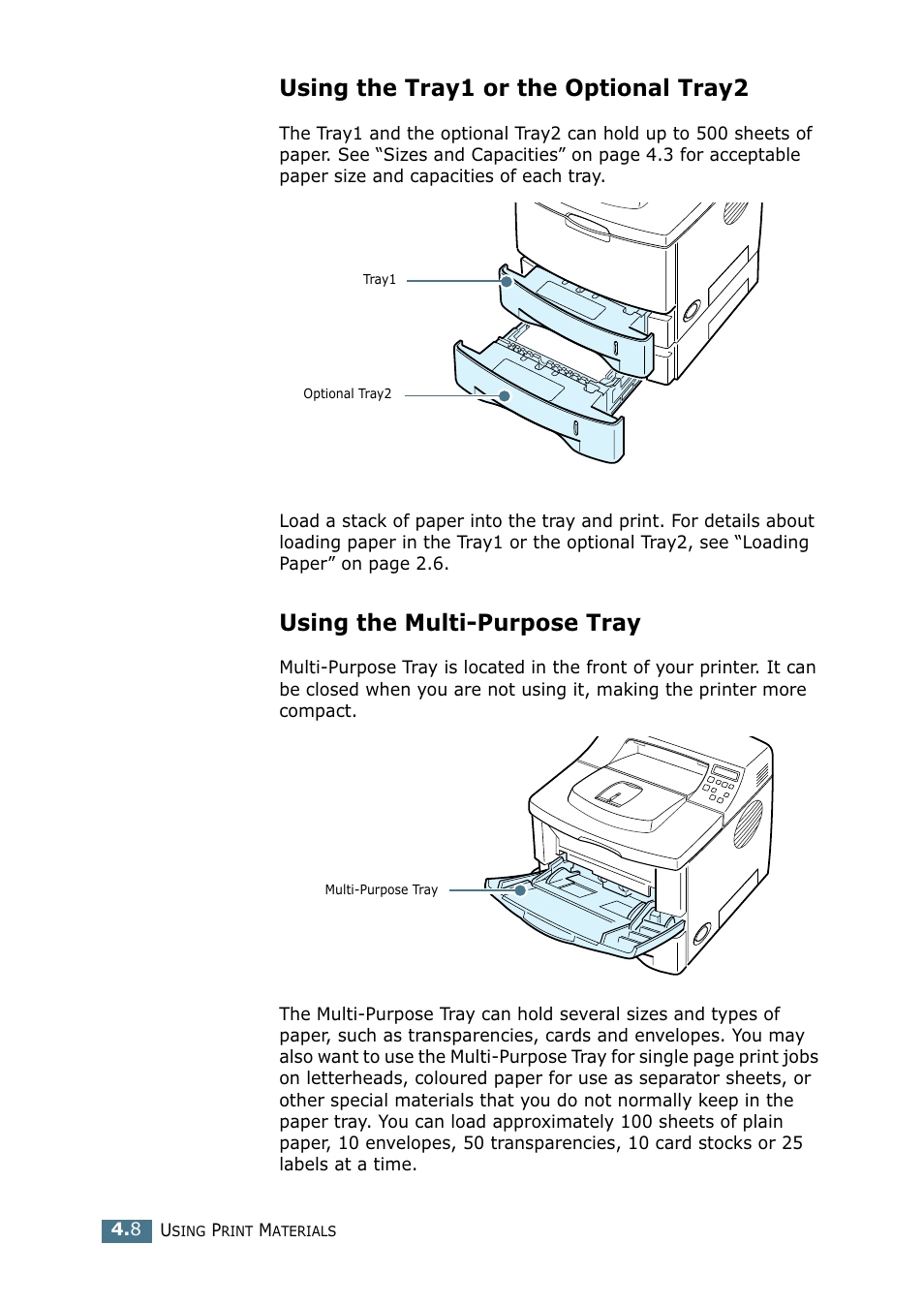 Using the tray1 or the optional tray2, Using the multi-purpose tray | Tally Genicom Tally Mono Laser 9025N User Manual | Page 71 / 214