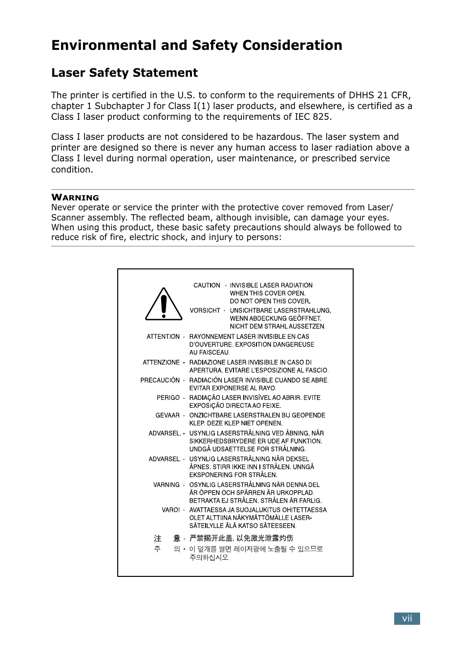 Environmental and safety consideration, Laser safety statement | Tally Genicom Tally Mono Laser 9025N User Manual | Page 8 / 214