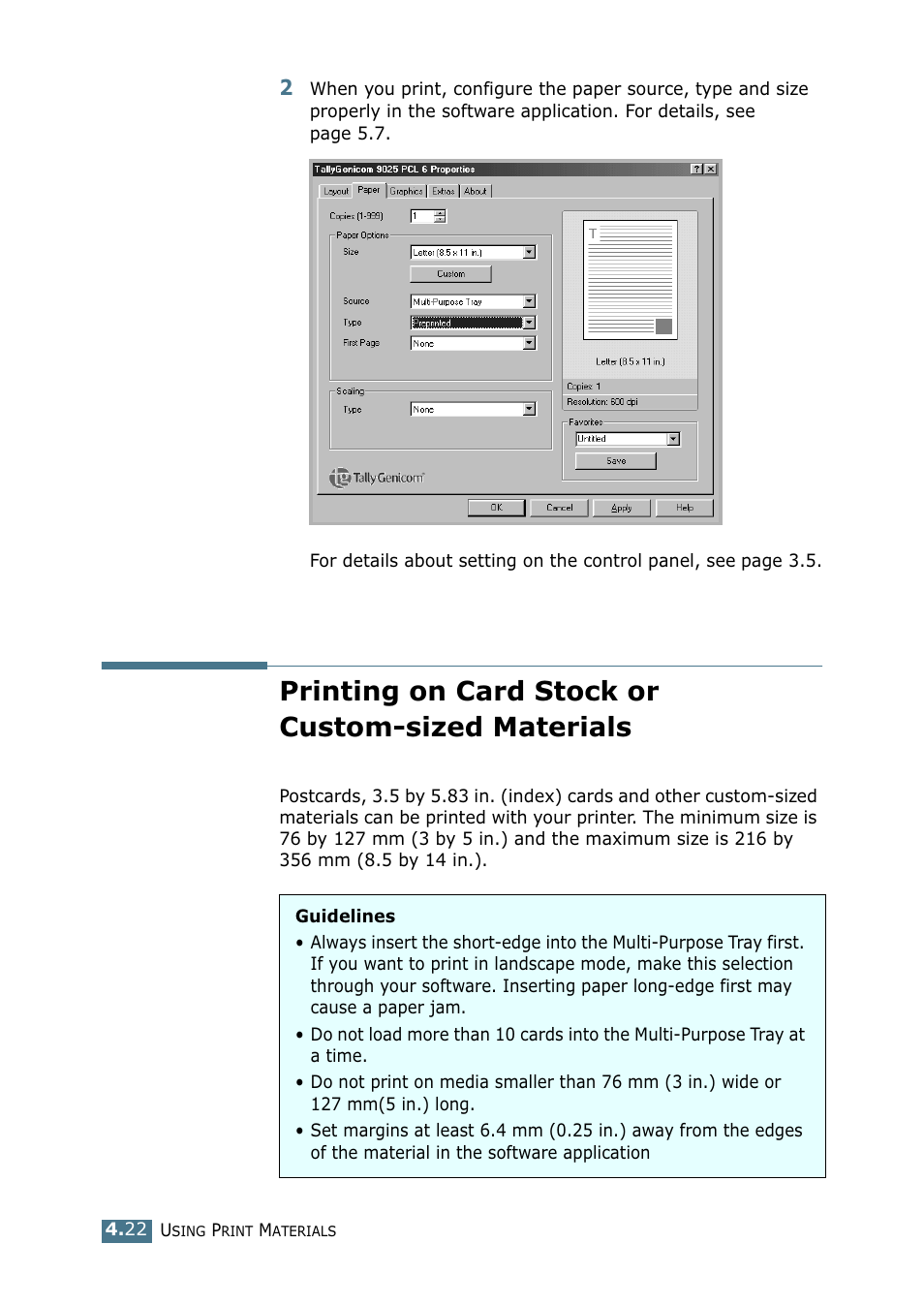 Printing on card stock or custom-sized materials | Tally Genicom Tally Mono Laser 9025N User Manual | Page 85 / 214