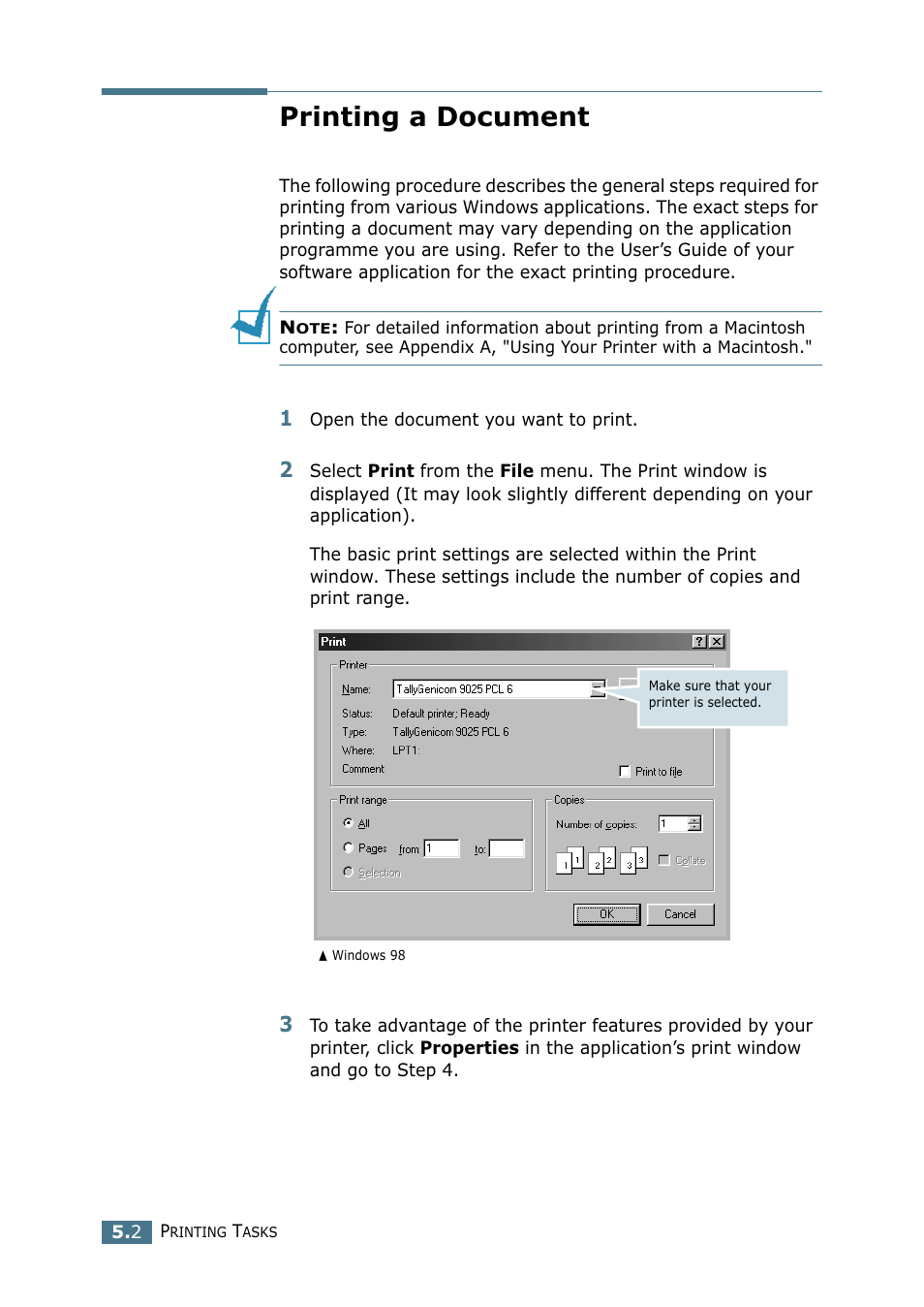 Printing a document | Tally Genicom Tally Mono Laser 9025N User Manual | Page 89 / 214