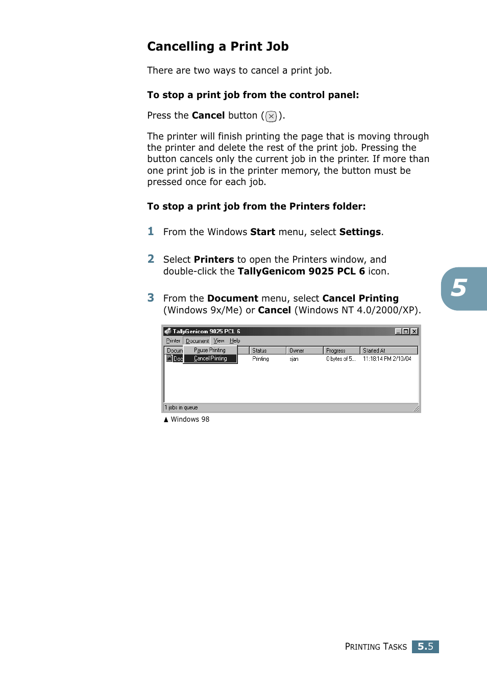 Cancelling a print job | Tally Genicom Tally Mono Laser 9025N User Manual | Page 92 / 214