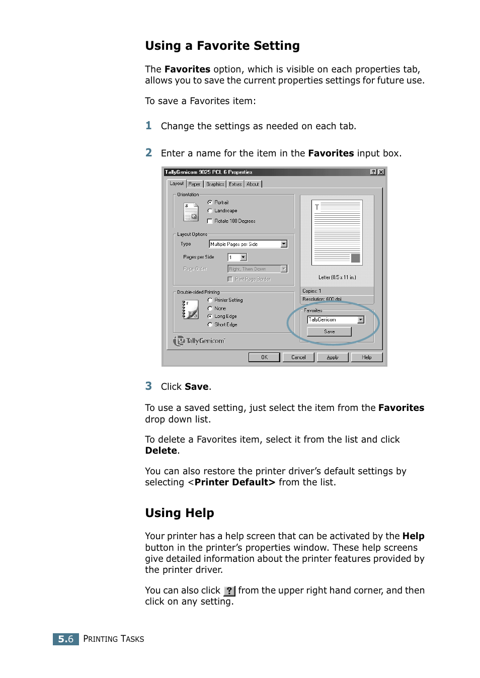 Using a favorite setting, Using help, Using a favorite setting using help | Tally Genicom Tally Mono Laser 9025N User Manual | Page 93 / 214