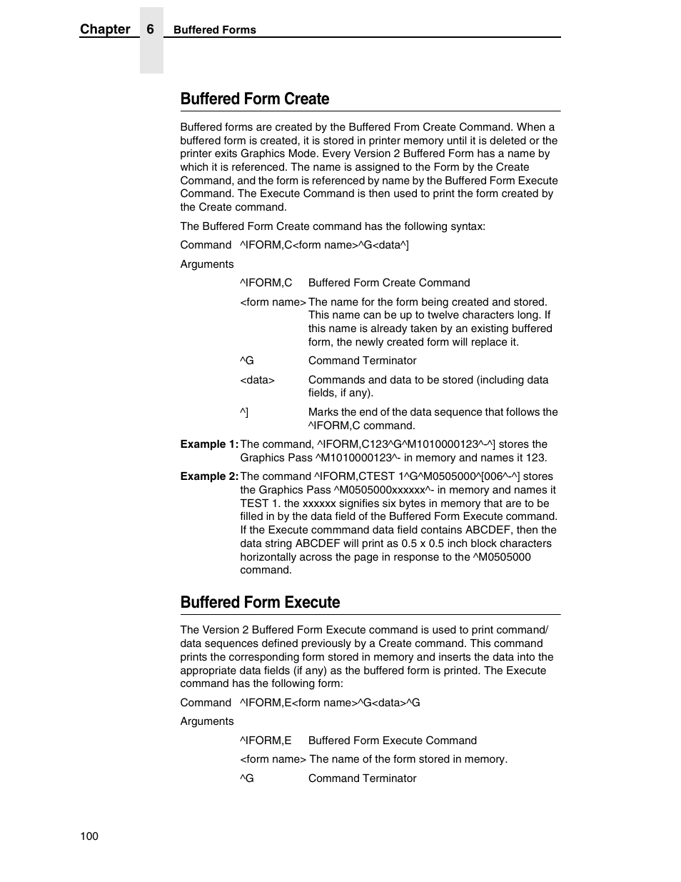 Buffered form create, Buffered form execute | Tally Genicom 6600 User Manual | Page 100 / 330