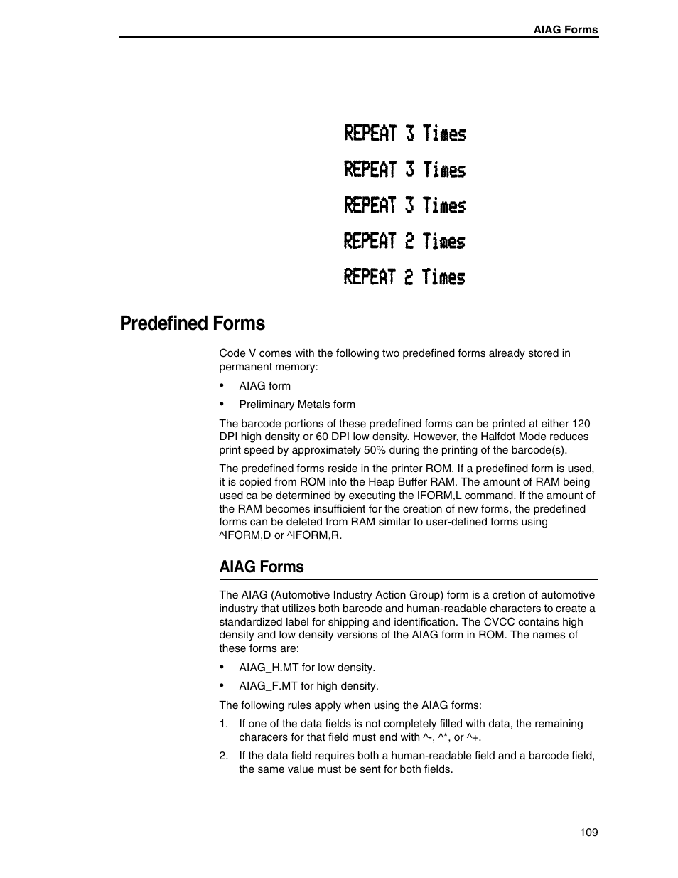 Predefined forms, Aiag forms | Tally Genicom 6600 User Manual | Page 109 / 330