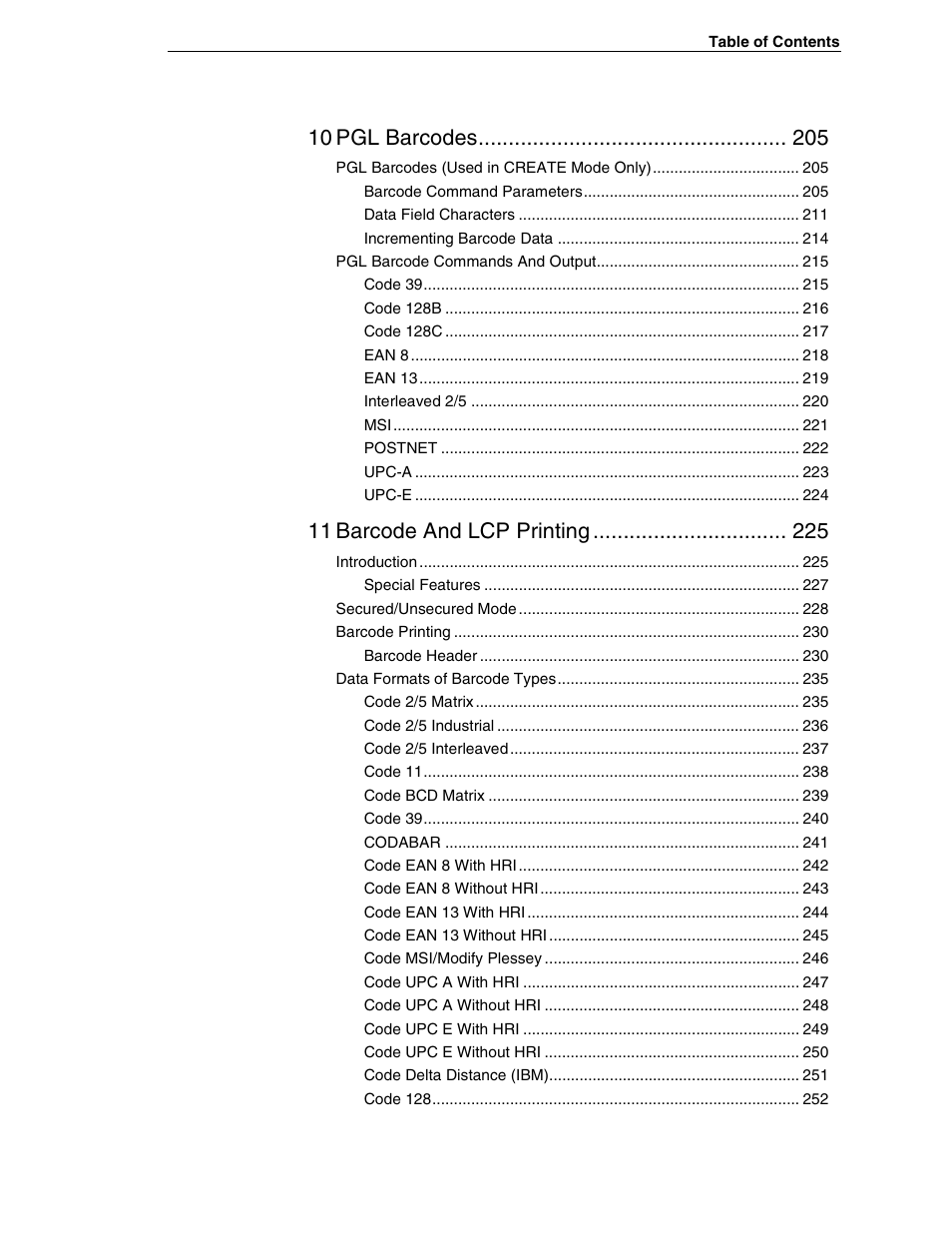 10 pgl barcodes, 11 barcode and lcp printing | Tally Genicom 6600 User Manual | Page 11 / 330