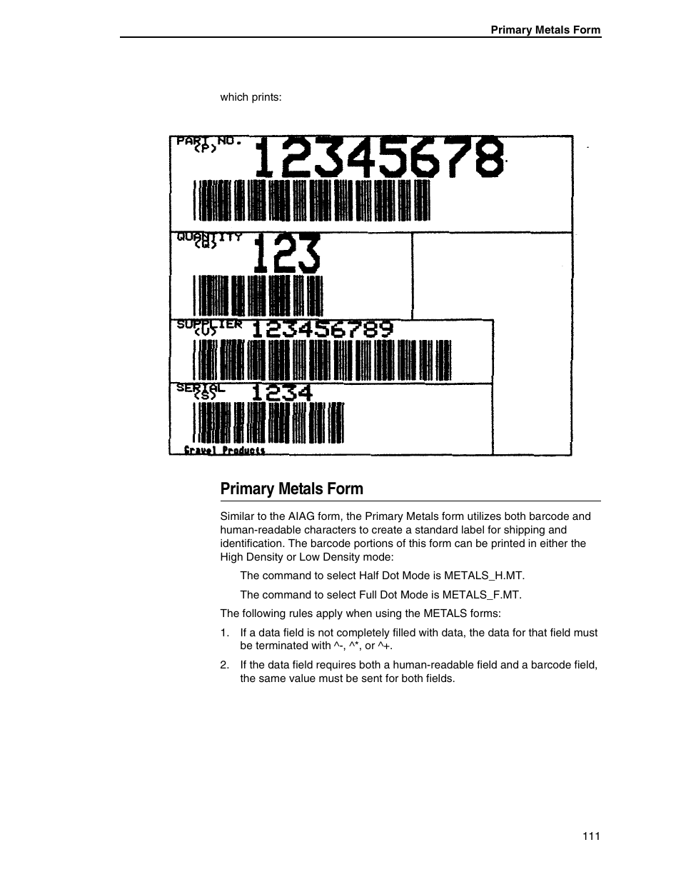 Primary metals form | Tally Genicom 6600 User Manual | Page 111 / 330