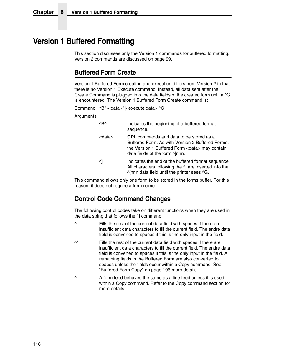 Version 1 buffered formatting, Buffered form create, Control code command changes | Tally Genicom 6600 User Manual | Page 116 / 330