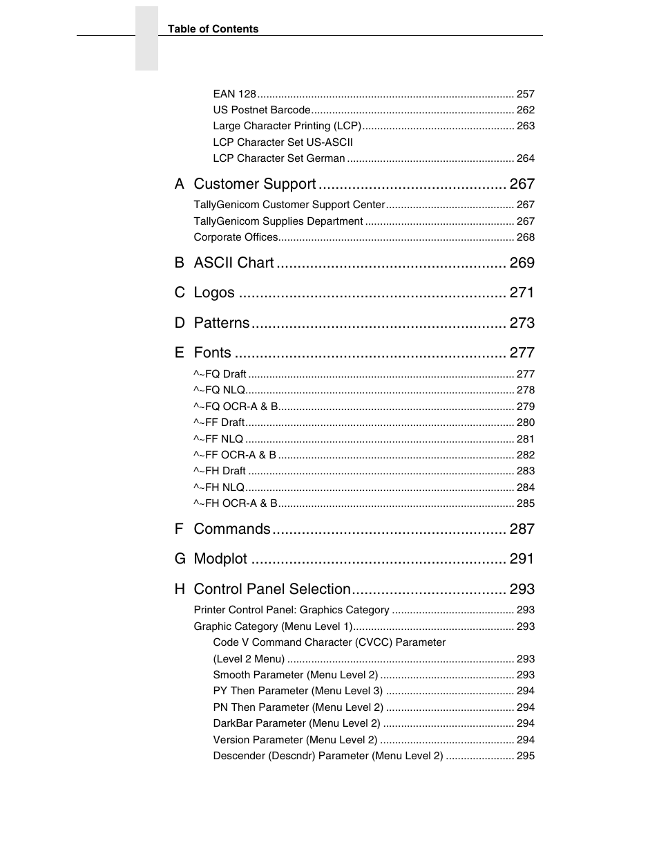 A customer support, B ascii chart c logos d patterns e fonts, F commands g modplot h control panel selection | Tally Genicom 6600 User Manual | Page 12 / 330