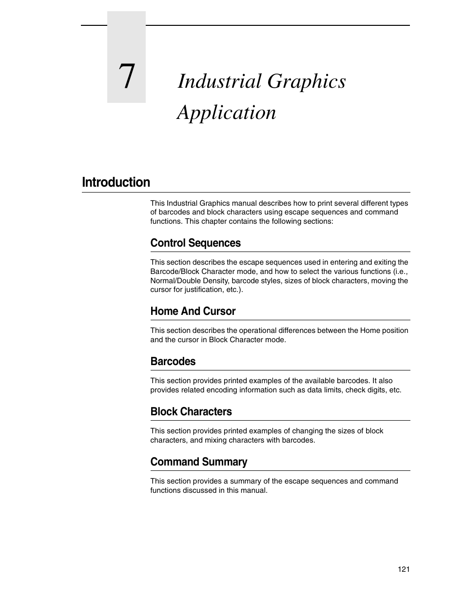 7 industrial graphics application, Introduction, Control sequences | Home and cursor, Barcodes, Block characters, Command summary, Industrial graphics application | Tally Genicom 6600 User Manual | Page 121 / 330