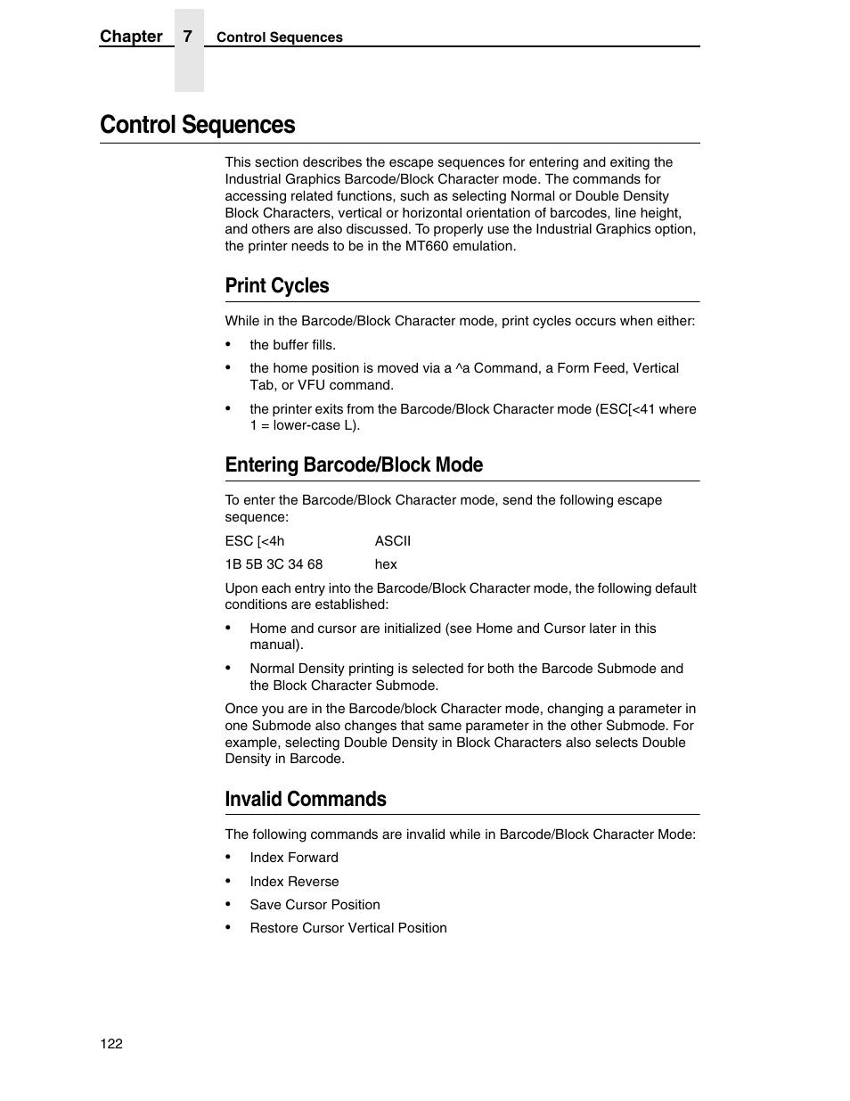 Control sequences, Print cycles, Entering barcode/block mode | Invalid commands | Tally Genicom 6600 User Manual | Page 122 / 330