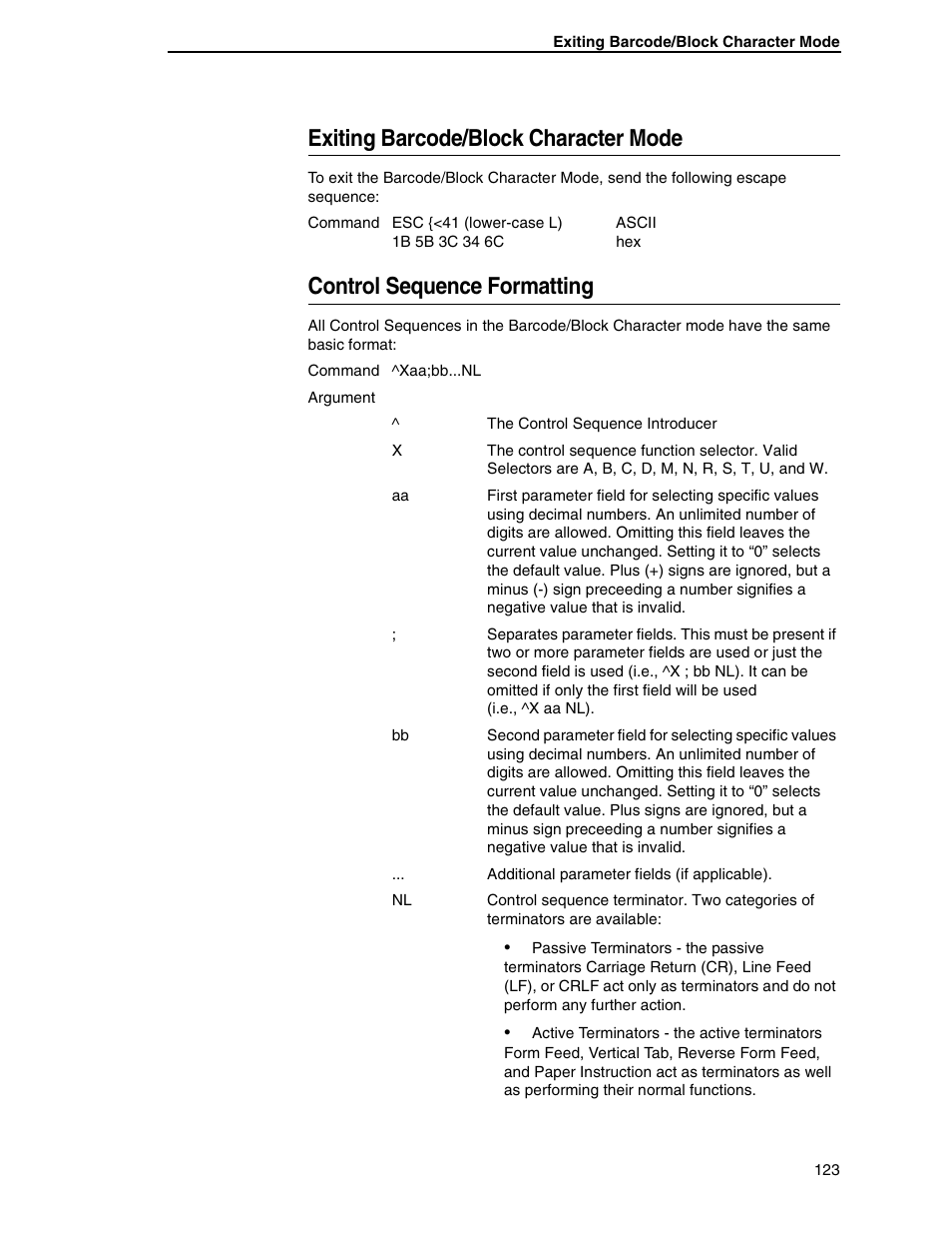 Exiting barcode/block character mode, Control sequence formatting | Tally Genicom 6600 User Manual | Page 123 / 330