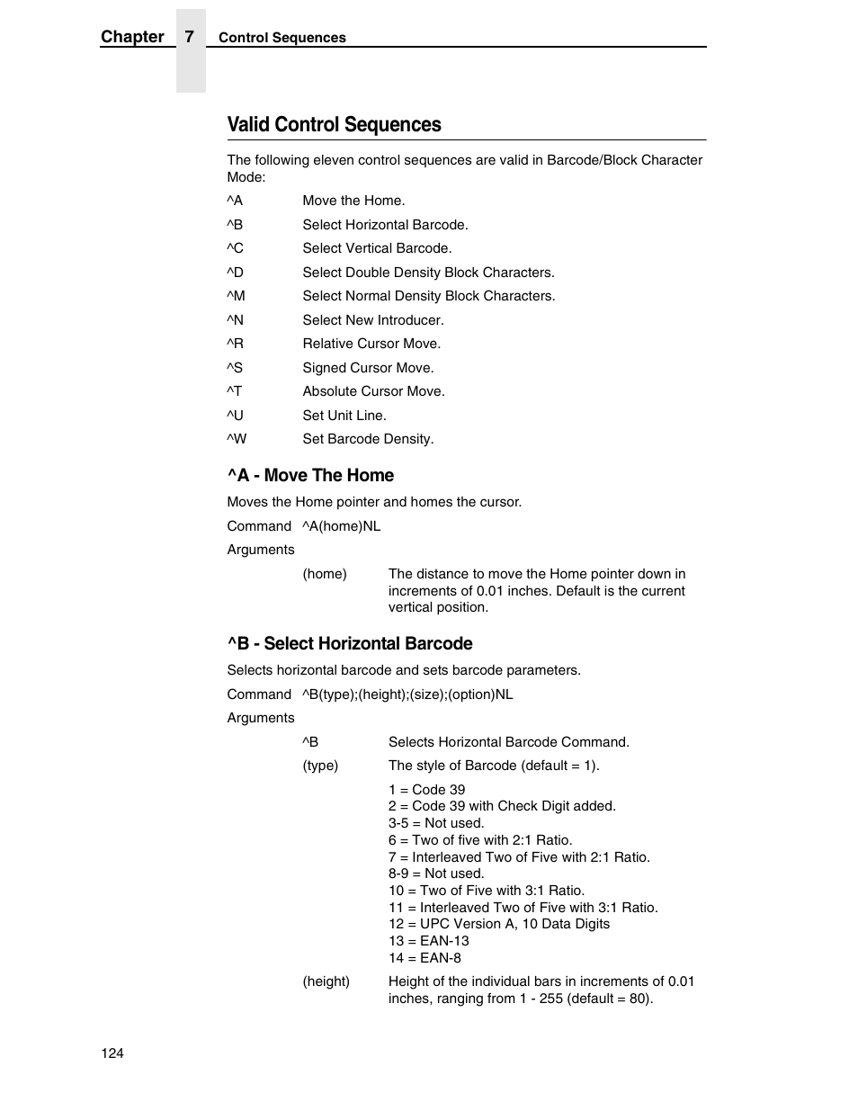 Valid control sequences, A - move the home, B - select horizontal barcode | Tally Genicom 6600 User Manual | Page 124 / 330