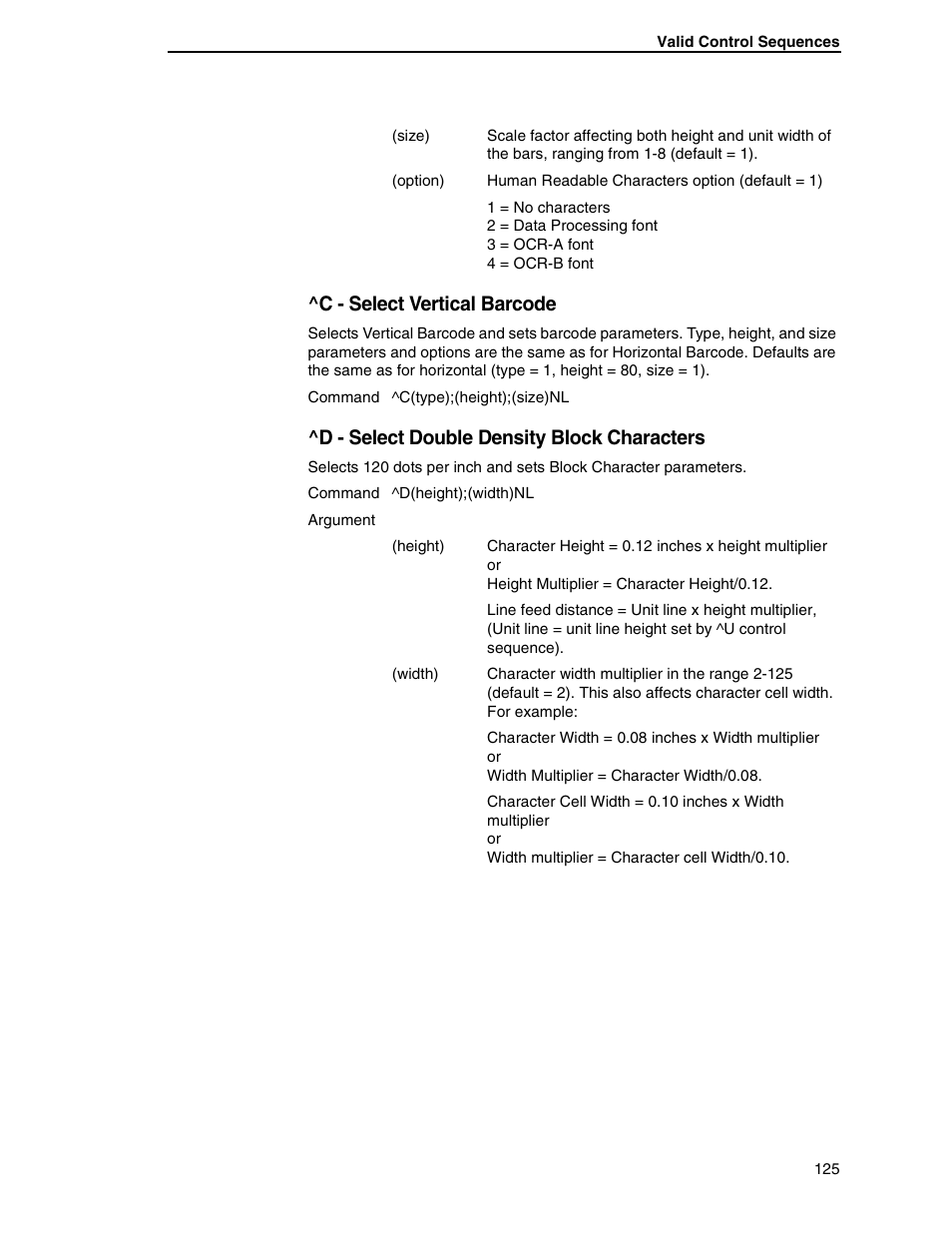 C - select vertical barcode, D - select double density block characters | Tally Genicom 6600 User Manual | Page 125 / 330