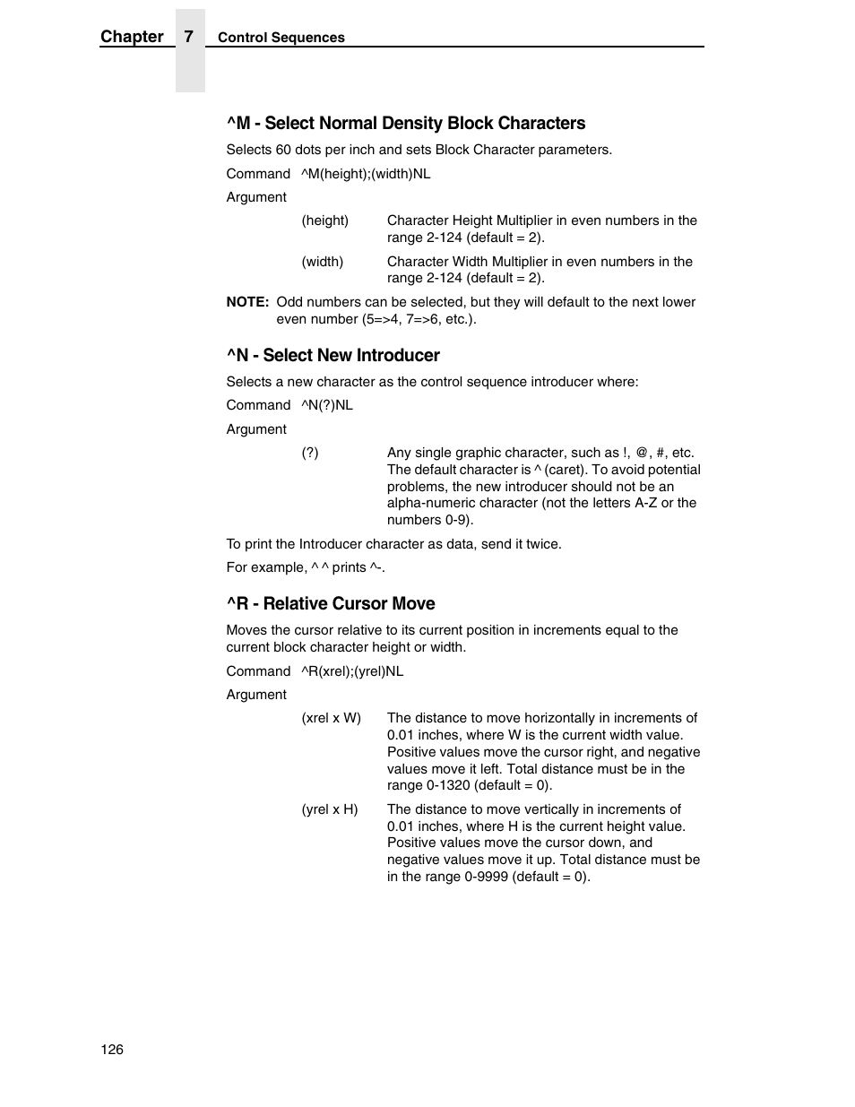 M - select normal density block characters, N - select new introducer, R - relative cursor move | Tally Genicom 6600 User Manual | Page 126 / 330