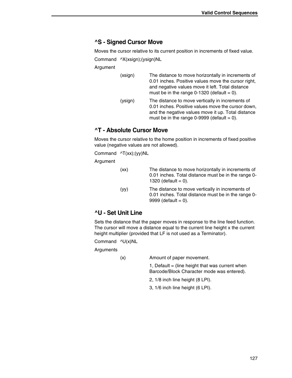 S - signed cursor move, T - absolute cursor move, U - set unit line | Tally Genicom 6600 User Manual | Page 127 / 330